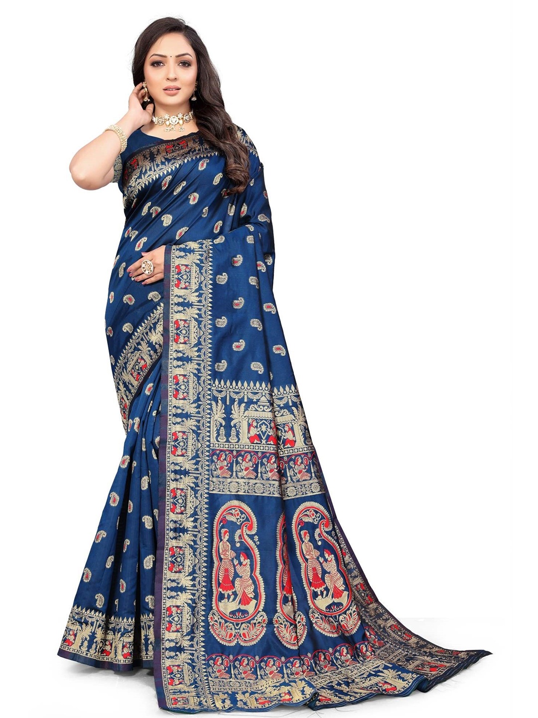 

MUKHITA Ethnic Motifs Woven Design Zari Silk Blend Baluchari Saree, Blue