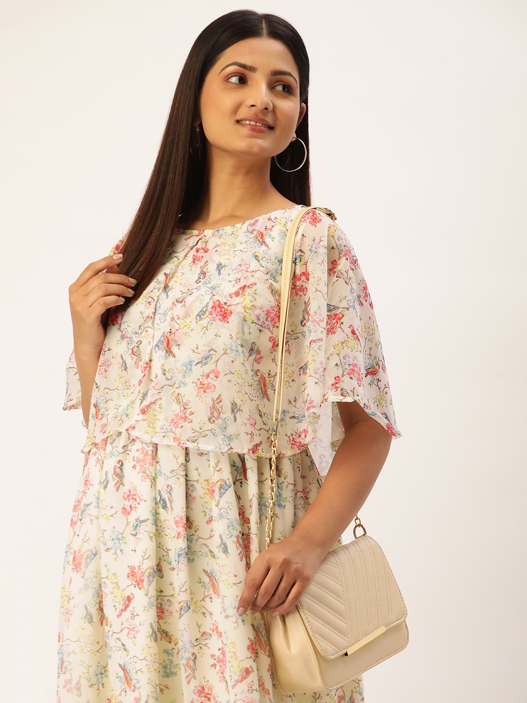 

Vinya Floral Print Cape Sleeve Georgette Maternity Maxi Dress, Off white