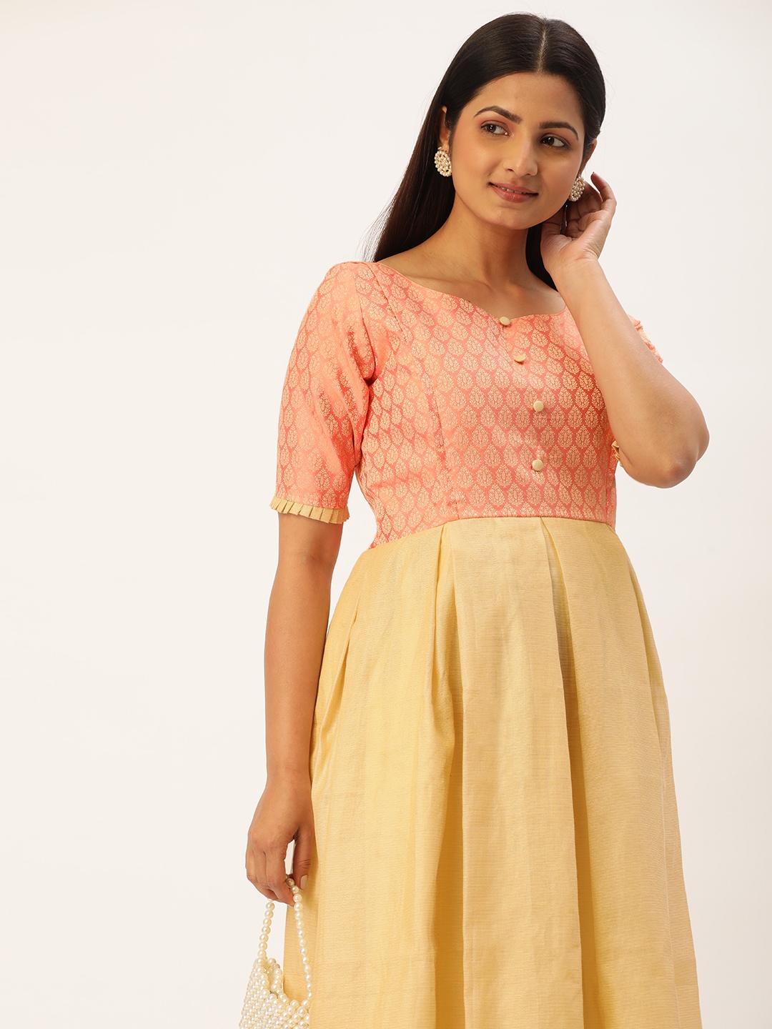 

Vinya Ethnic Motifs Woven Design Jacquard Maternity Maxi Dress, Peach
