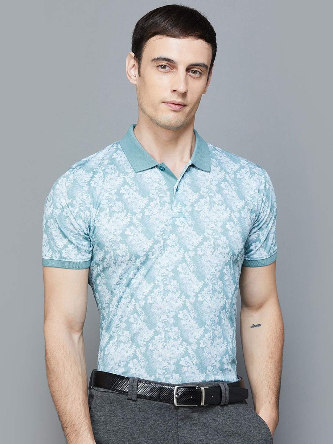 

CODE by Lifestyle Slim Fit Floral Printed Polo Neck Cotton Casual T-Shirt, Blue