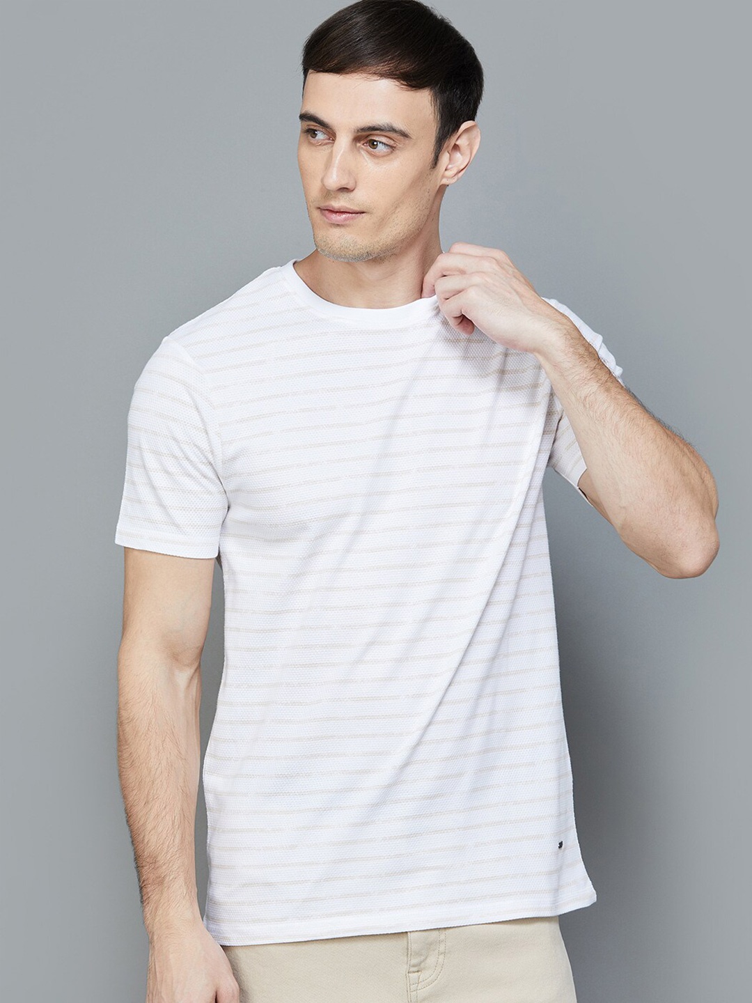 

CODE by Lifestyle Regular Fit Striped Round Neck Cotton Casual T-Shirt, White
