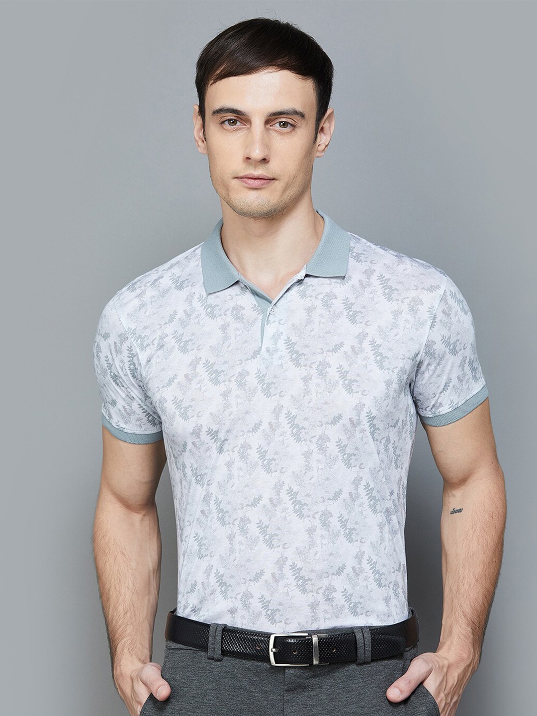 

CODE by Lifestyle Slim Fit Floral Printed Polo Neck Cotton Casual T-Shirt, White