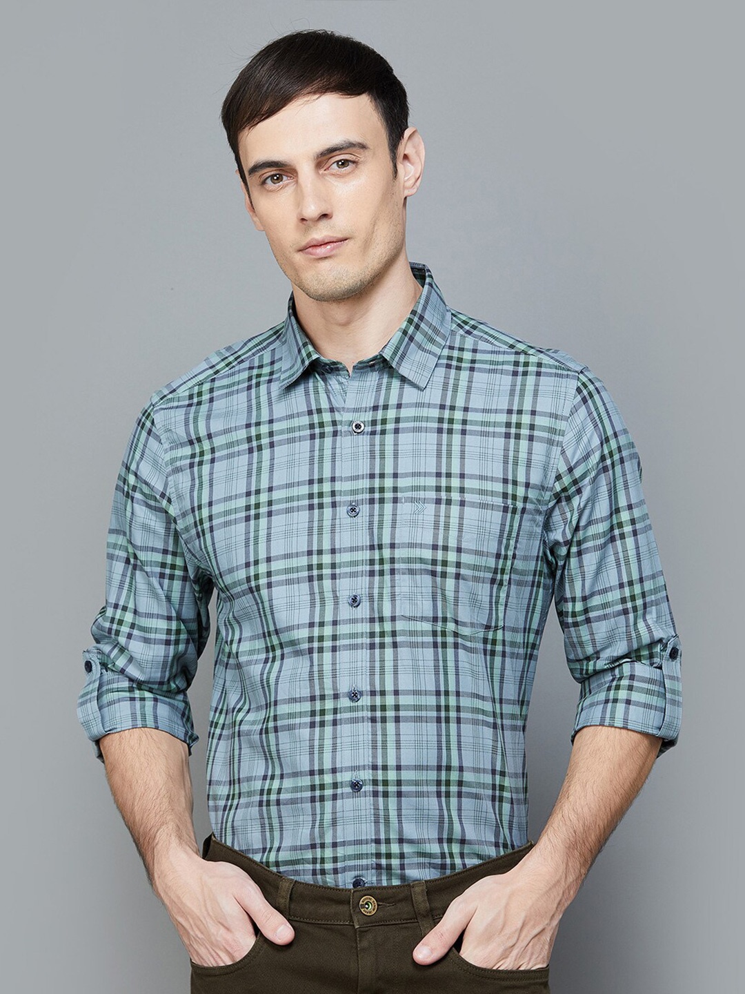 

CODE by Lifestyle Checked Cotton Spread Collar Slim Fit Casual Shirt, Grey