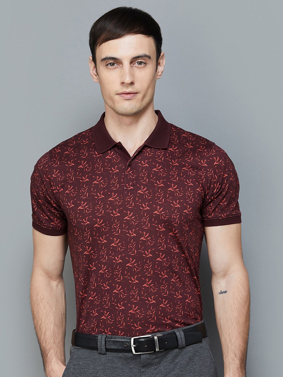 

CODE by Lifestyle Slim Fit Floral Printed Polo Collar Cotton Casual T-Shirt, Red