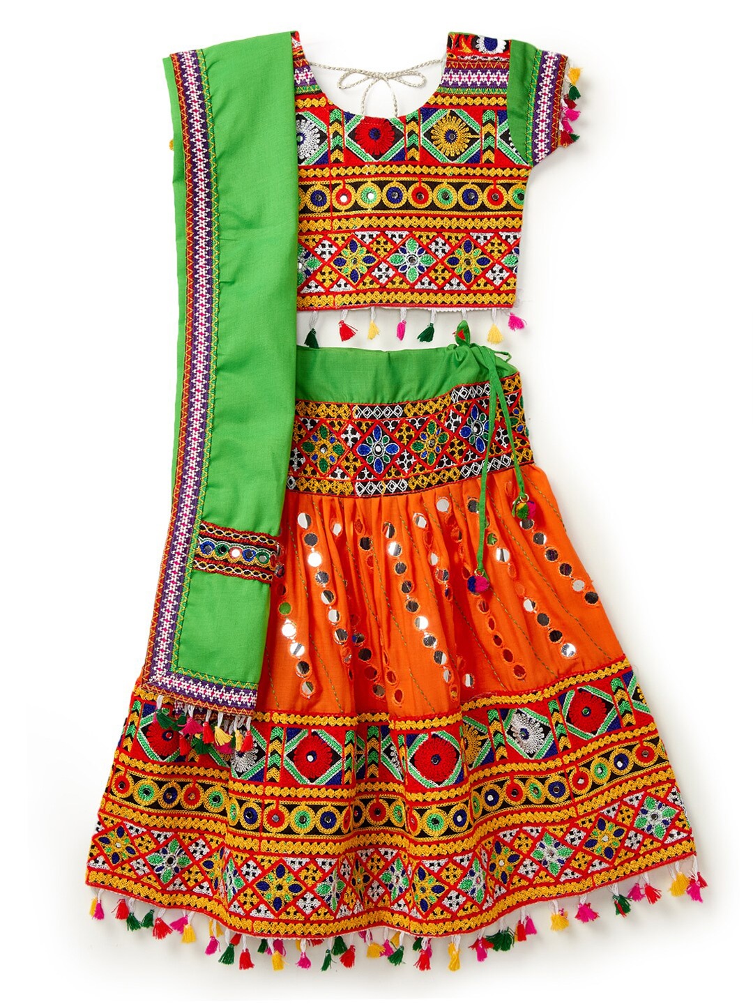 

BAESD Girls Embroidered Mirror Work Ready to Wear Lehenga & Blouse With Dupatta, Orange