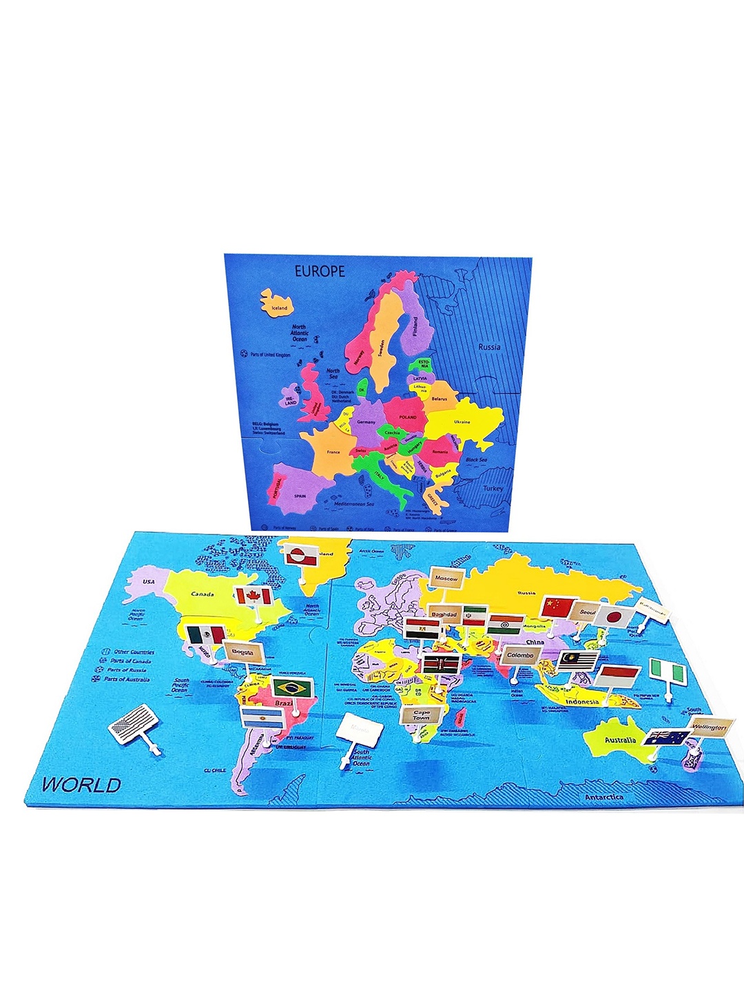 

MUREN Kids Puzzle World Map With Capital Flags & Stickers, Blue