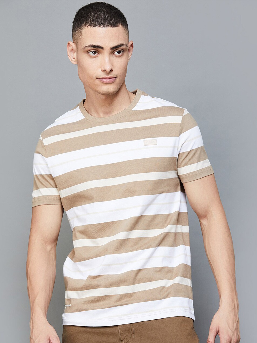 

Bossini Striped Round Neck Regular Fit T-shirt, Beige