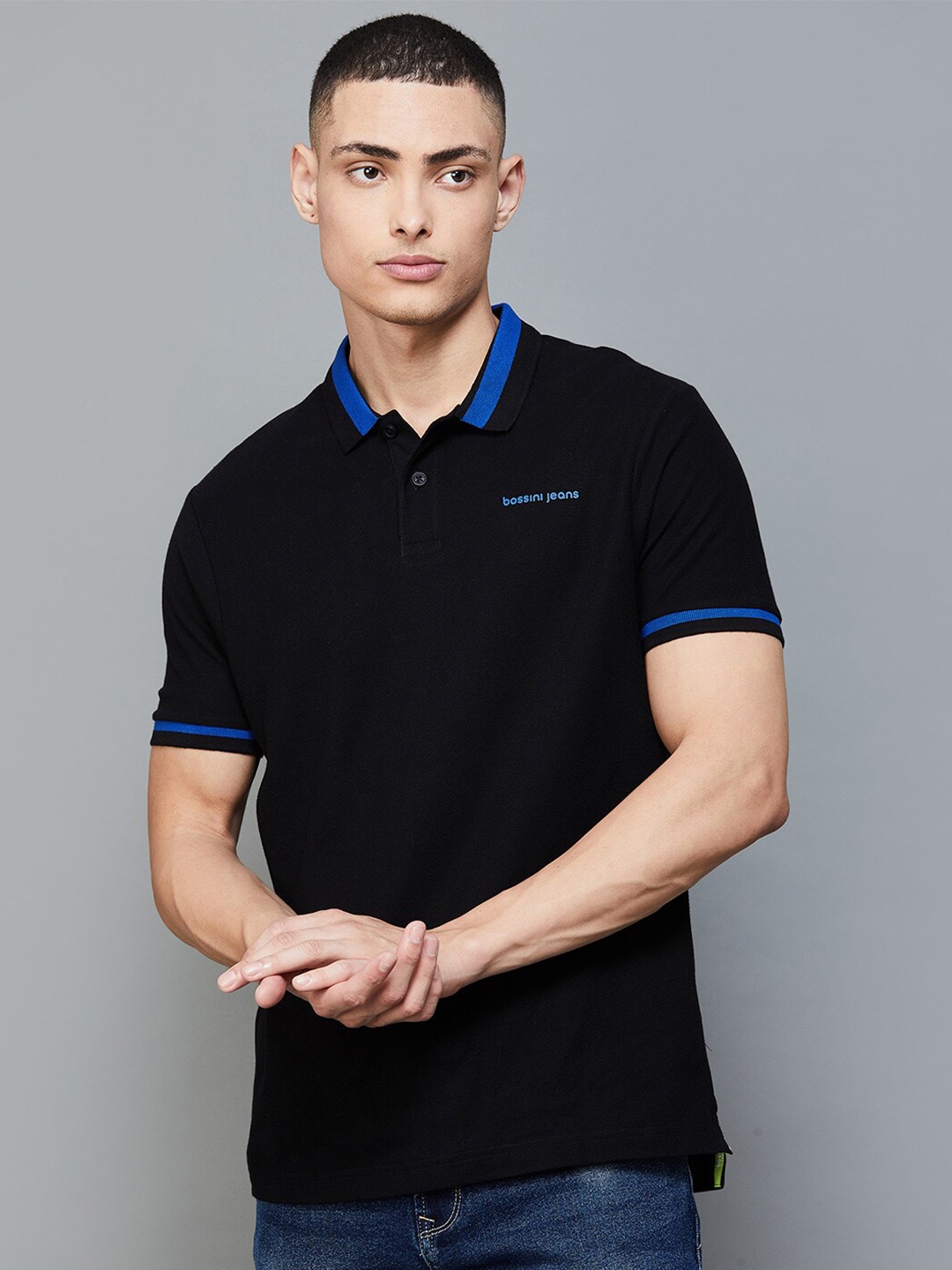 

Bossini Self Design Cotton Polo Collar T-shirt, Black