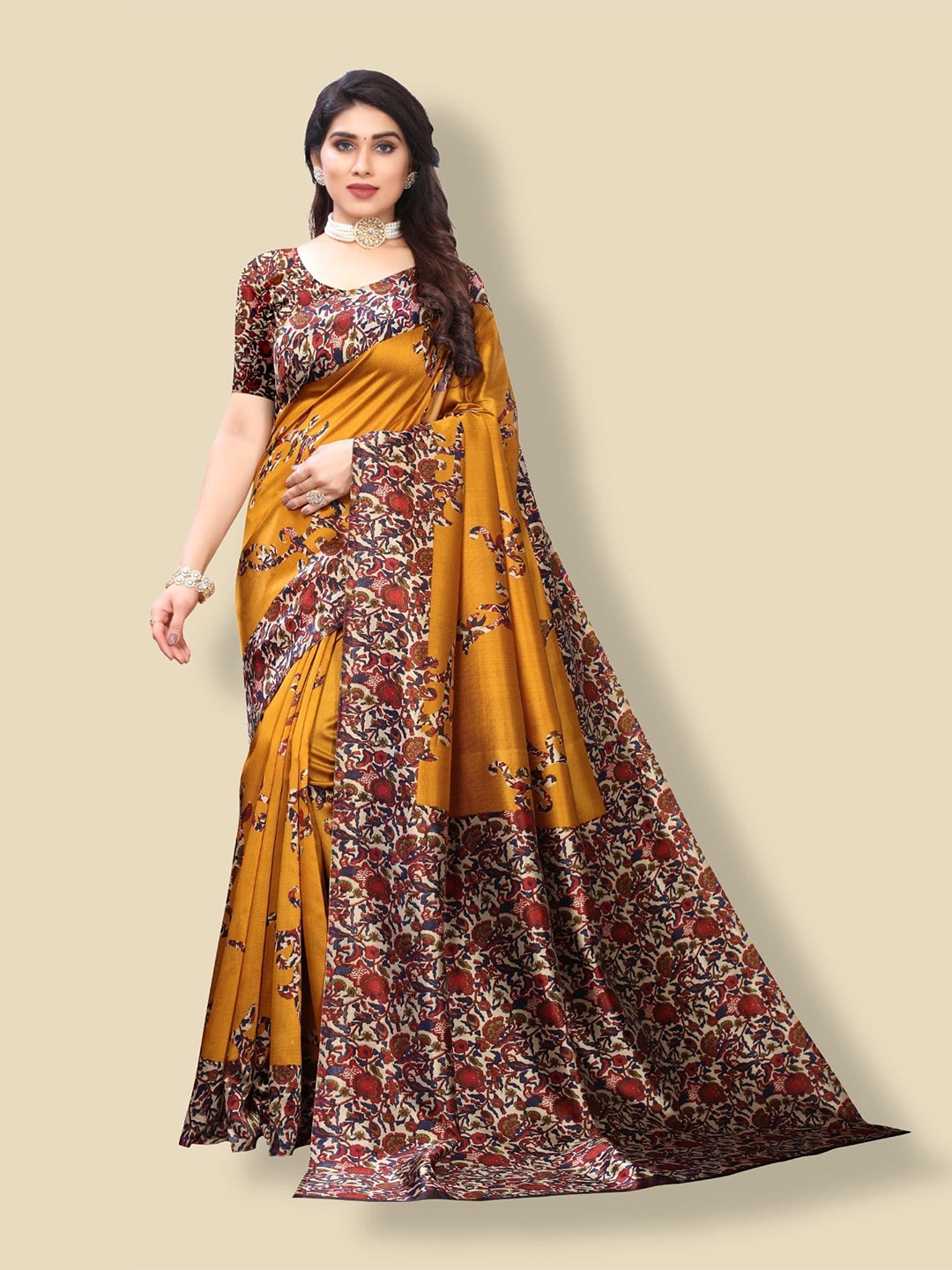 

KALINI Mustard & Maroon Floral Printed Kanjivaram Jacquard Saree