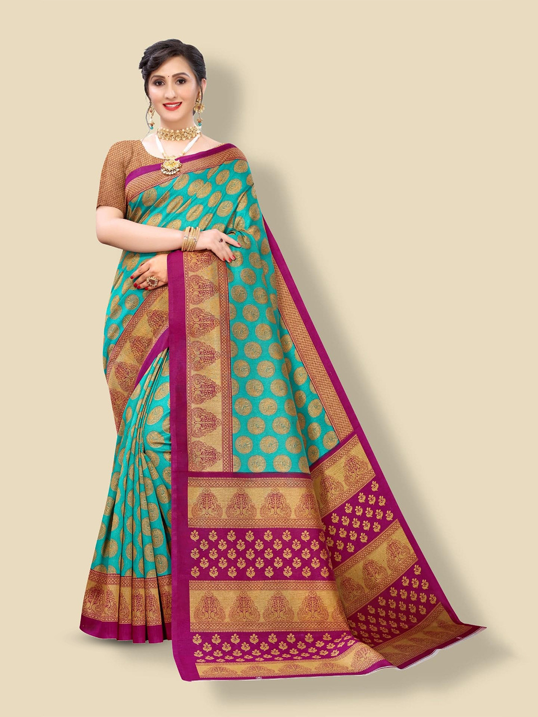 

KALINI Green & Magenta Ethnic Motifs Kanjivaram Jacquard Saree