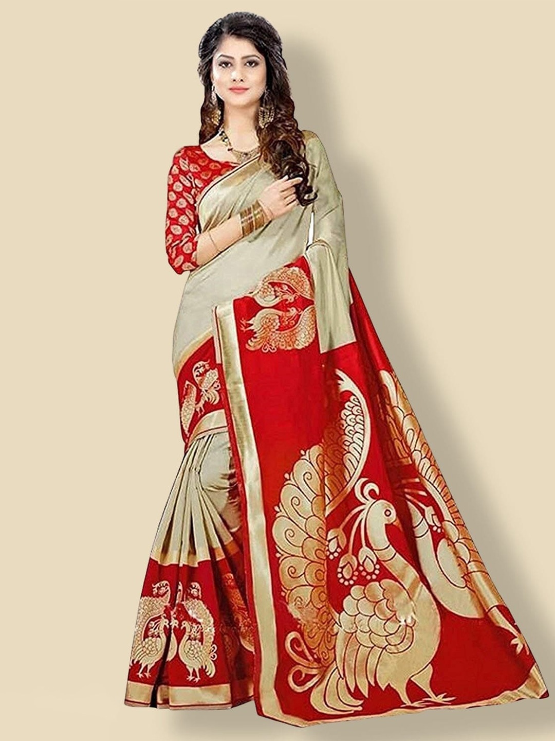 

KALINI Red & Cream-Coloured Floral Zari Kanjivaram Jacquard Saree