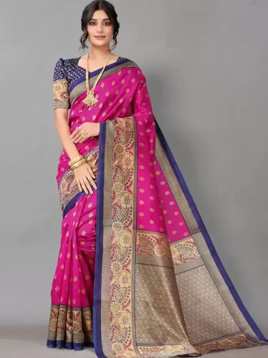 

KALINI Pink & Navy Blue Ethnic Motifs Zari Kanjivaram Jacquard Mysore Silk Saree