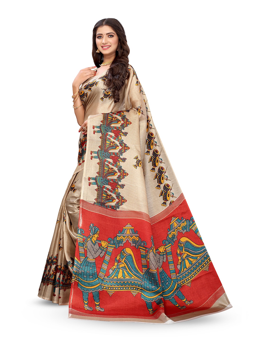 

KALINI Khaki & Red Ethnic Motifs Kanjivaram Jacquard Saree