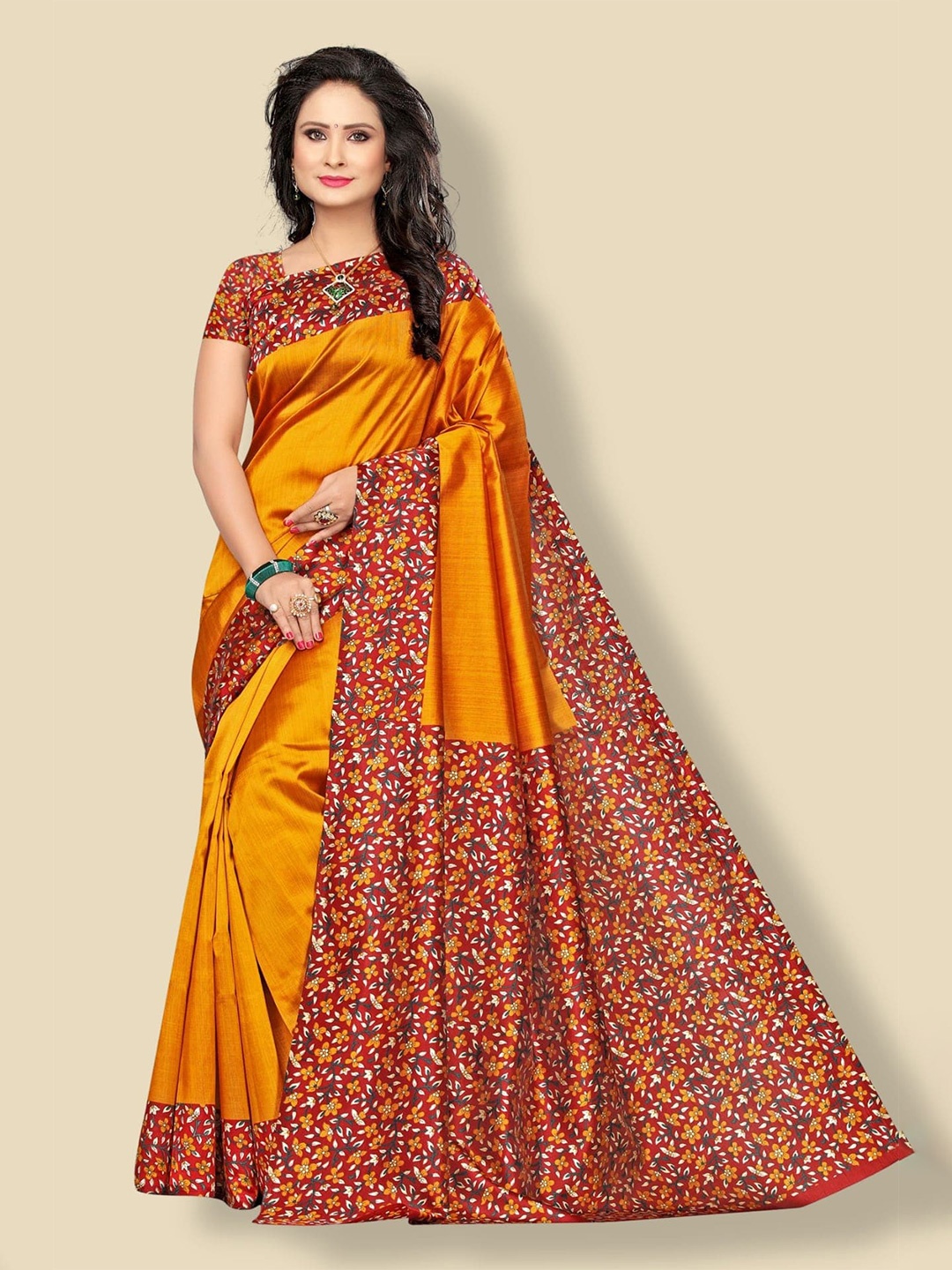 

KALINI Mustard & Red Floral Kanjivaram Jacquard Silk Saree