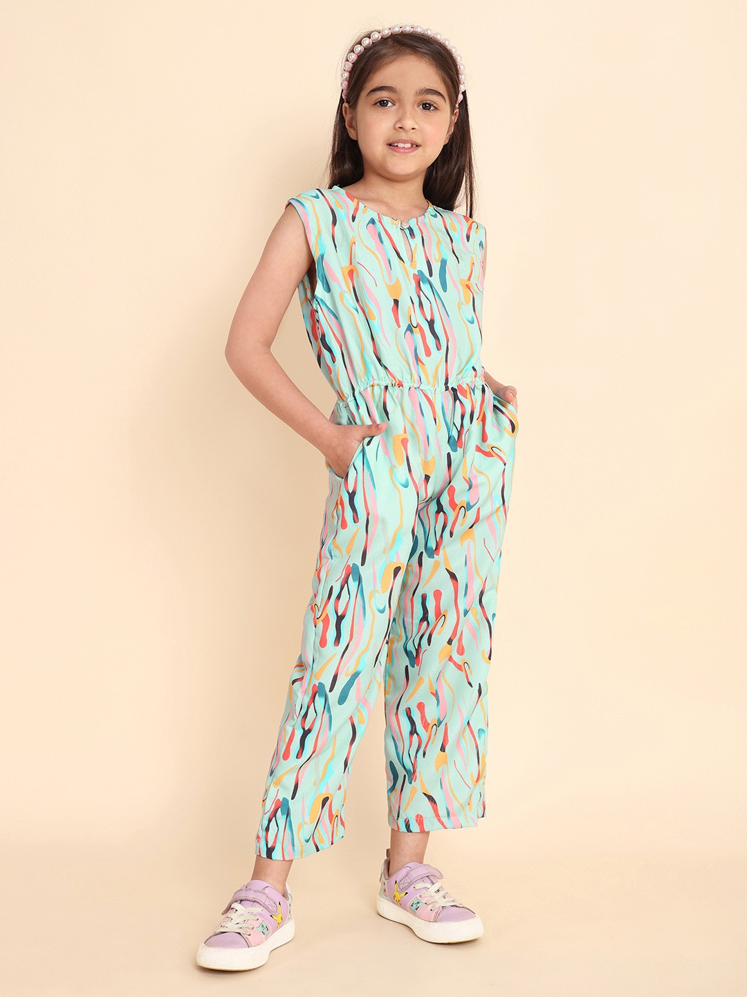 

HERE&NOW Girls Abstract Printed Basic Jumpsuit, Blue