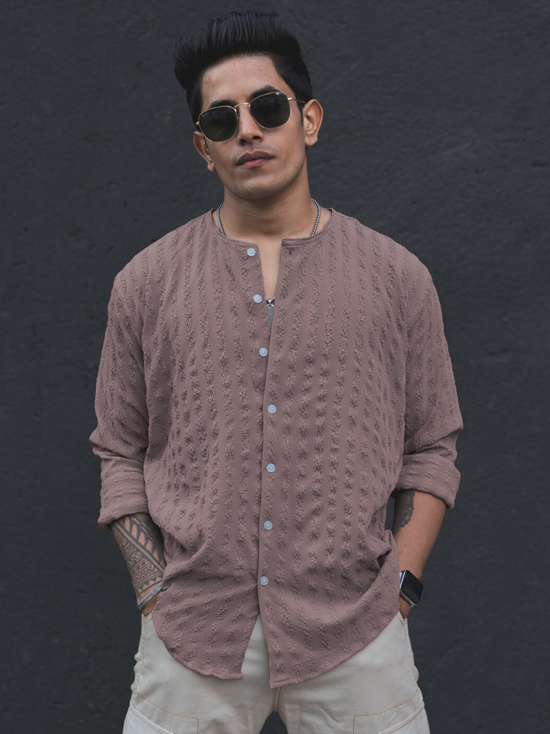 

Powerlook Mandarin Collar Long Sleeves Opaque Casual Shirt, Purple