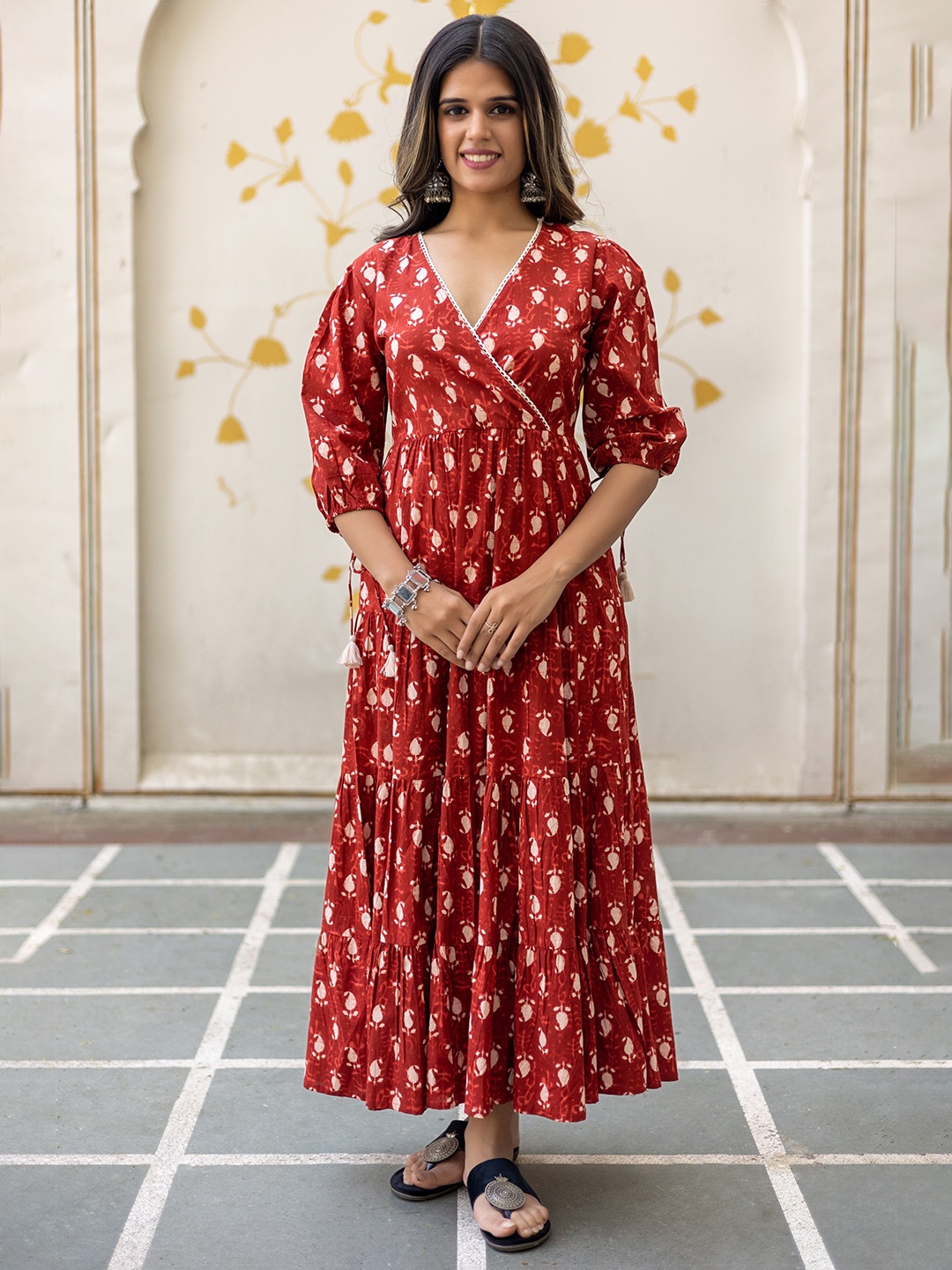 

KASYA Floral Printed V-Neck Short Sleeves A-Line Cotton Dress, Maroon
