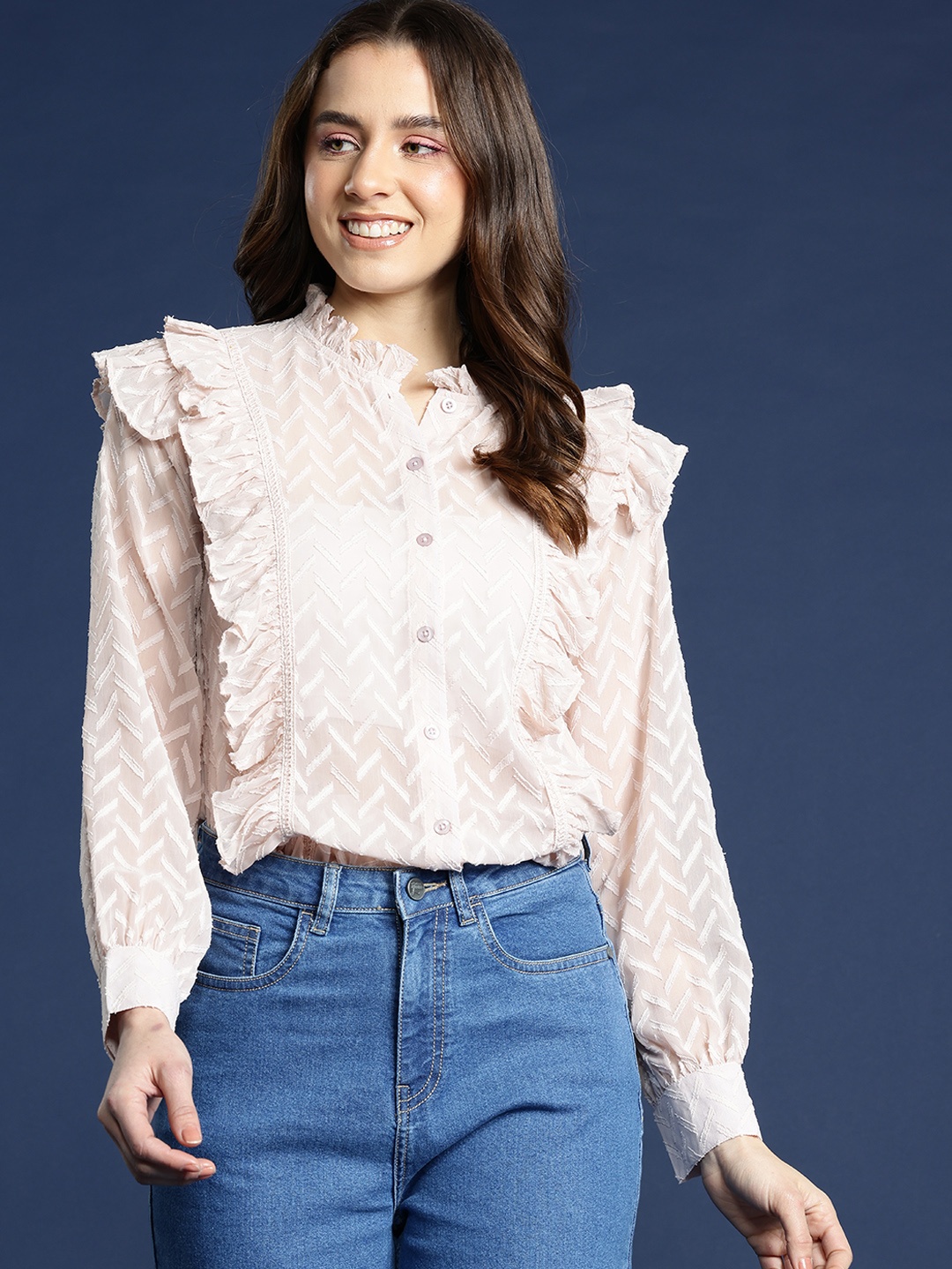 

Mast & Harbour Georgette Ruffled Casual Shirt, Pink