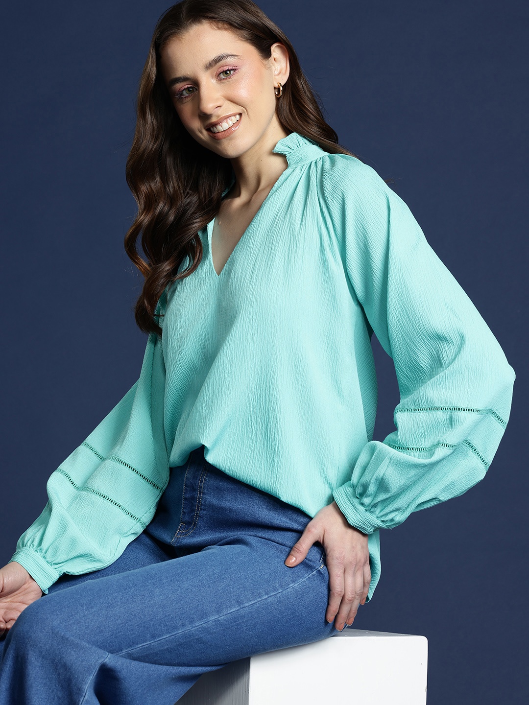 

Mast & Harbour Mandarin Collar Crepe Longline Top, Blue