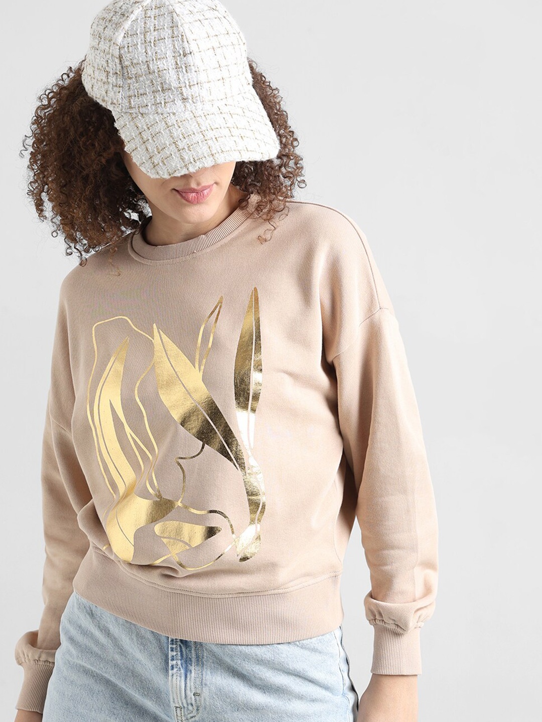 

ONLY Graphic Printed Pullover Pure Cotton Sweatshirt, Beige