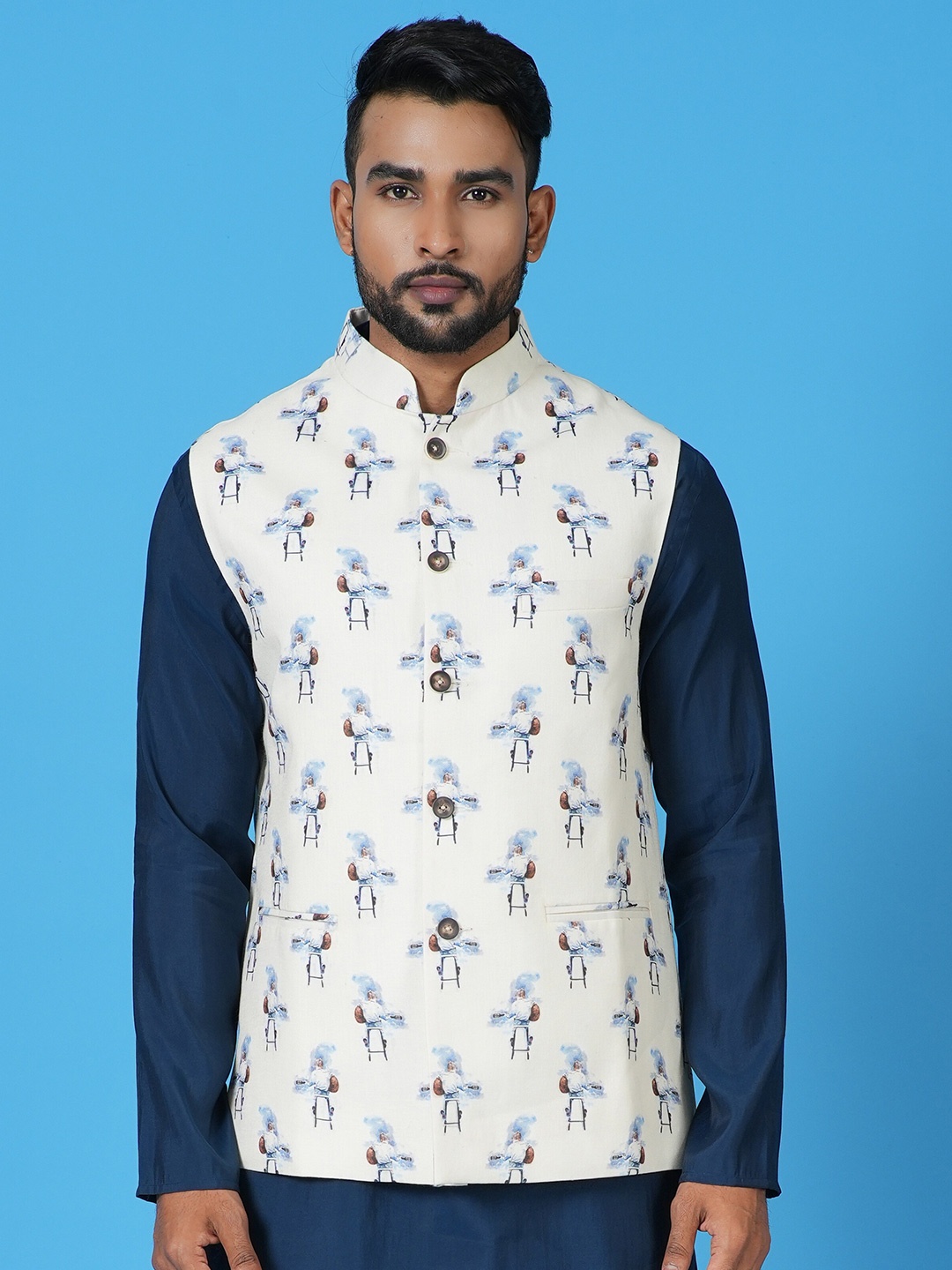 

Simaaya Printed Mandarin Collar Nehru Jacket, White