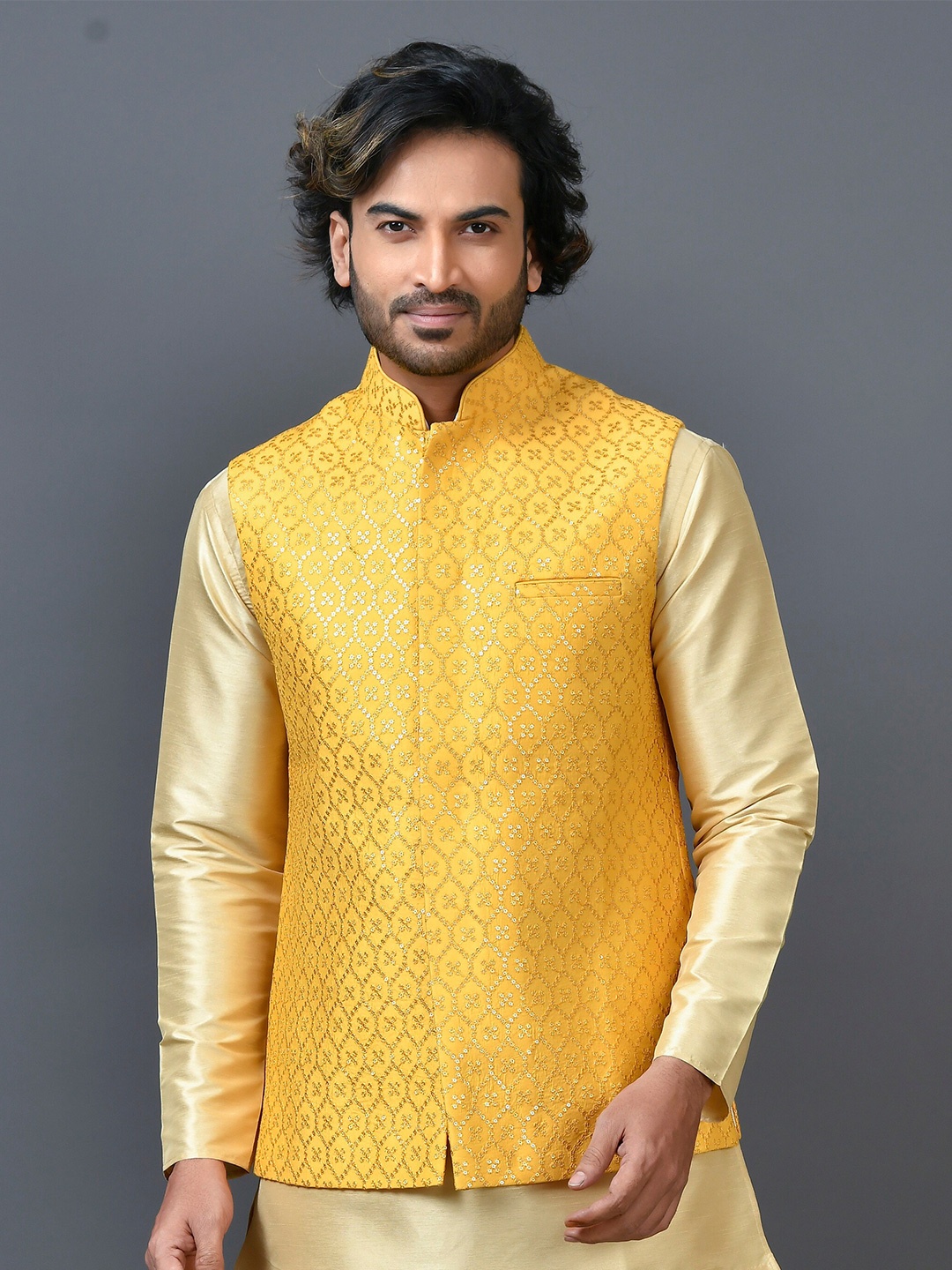 

Simaaya Ethnic Embellished Sequined Nehru Jackets, Yellow