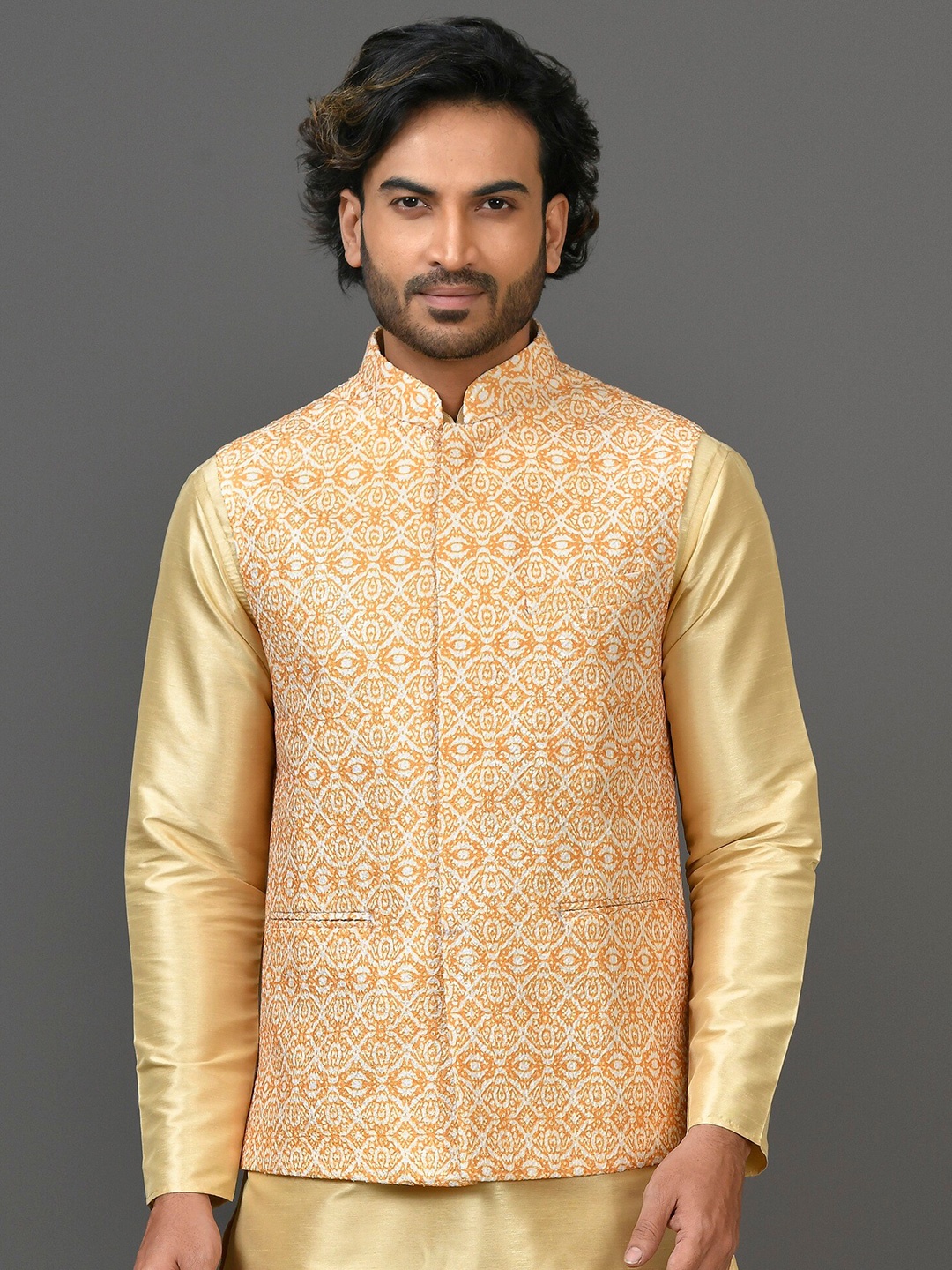 

Simaaya Ethnic Motifs Printed Nehru Jackets, Yellow