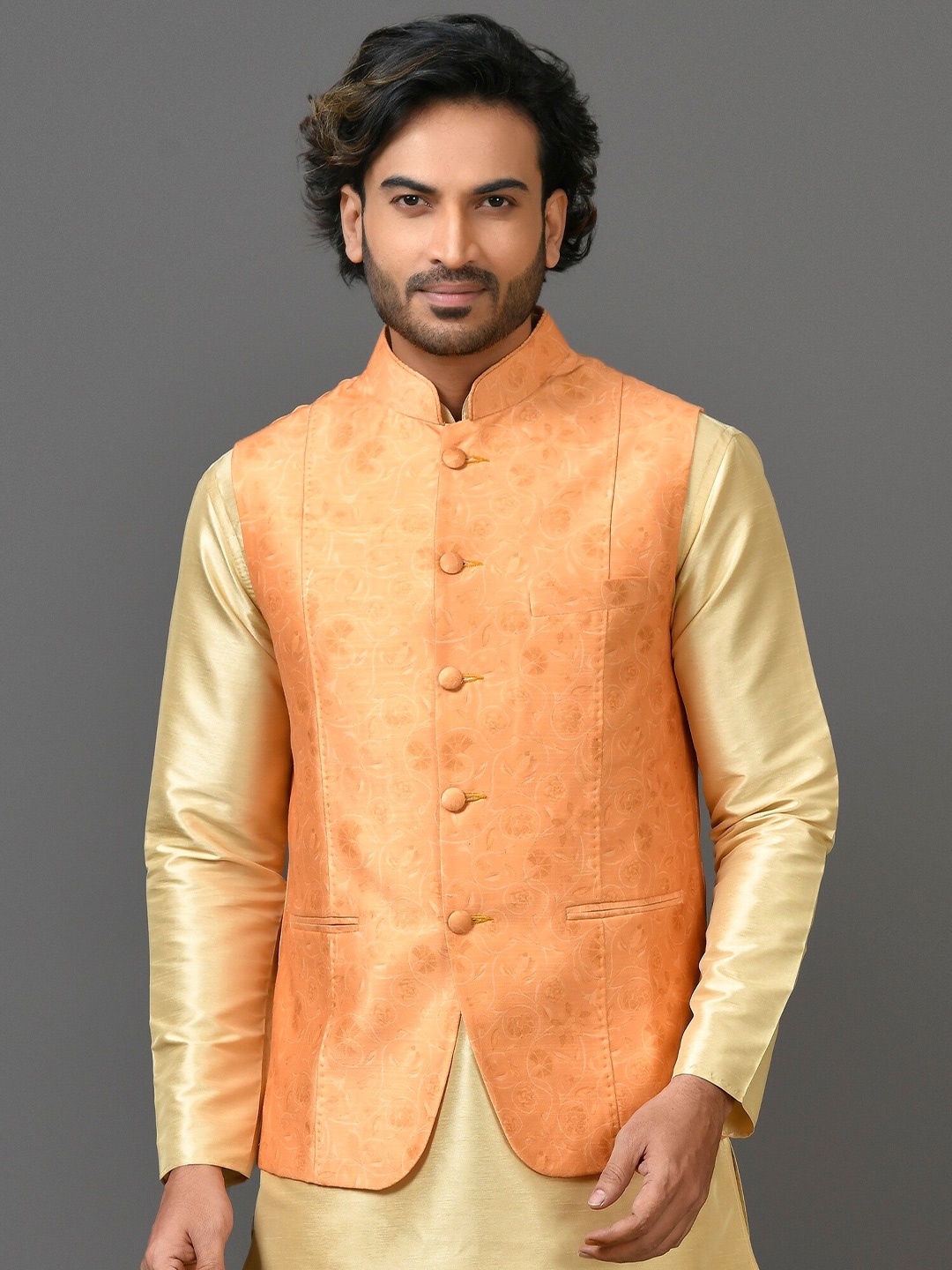 

Simaaya Floral Printed Mandarin Collar Nehru Jacket, Peach