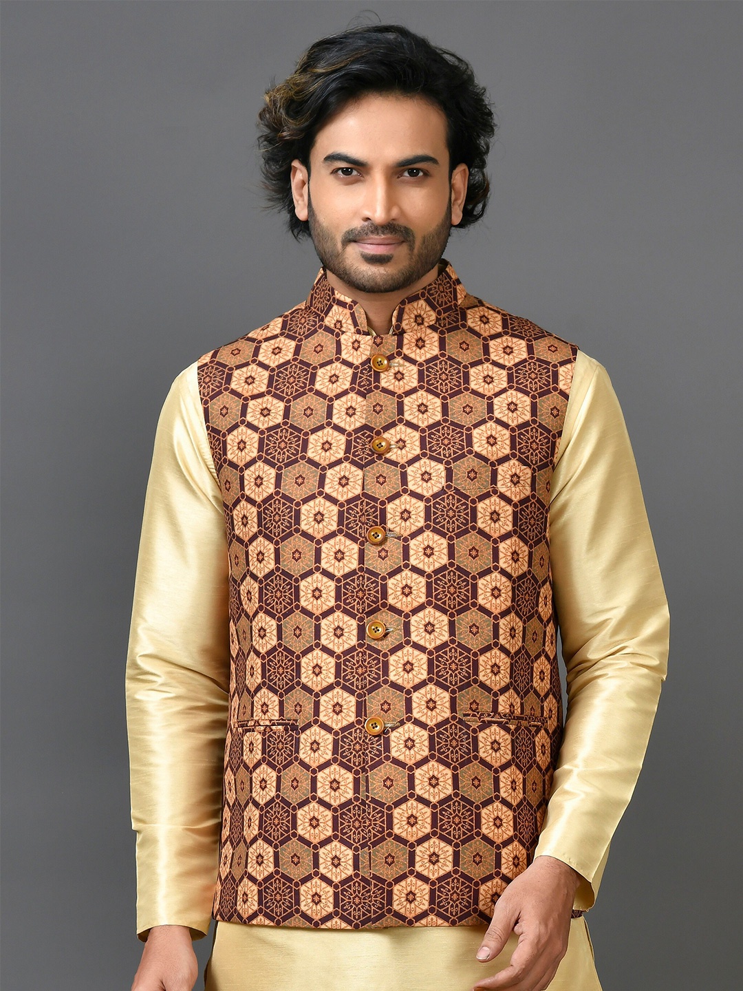 

Simaaya Geometric Printed Mandarin Collar Nehru Jacket, Brown