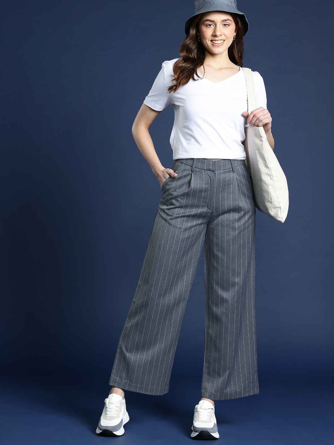 

Mast & Harbour Striped Pleated Trousers, Grey