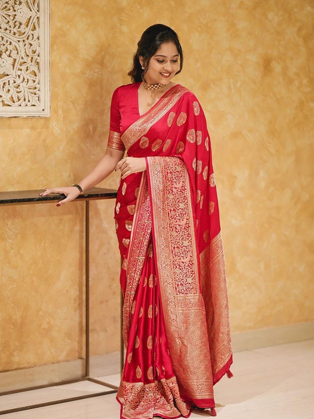 

Aldwych Woven Design Ethnic Motifs Zari Banarasi Designer Saree, Red