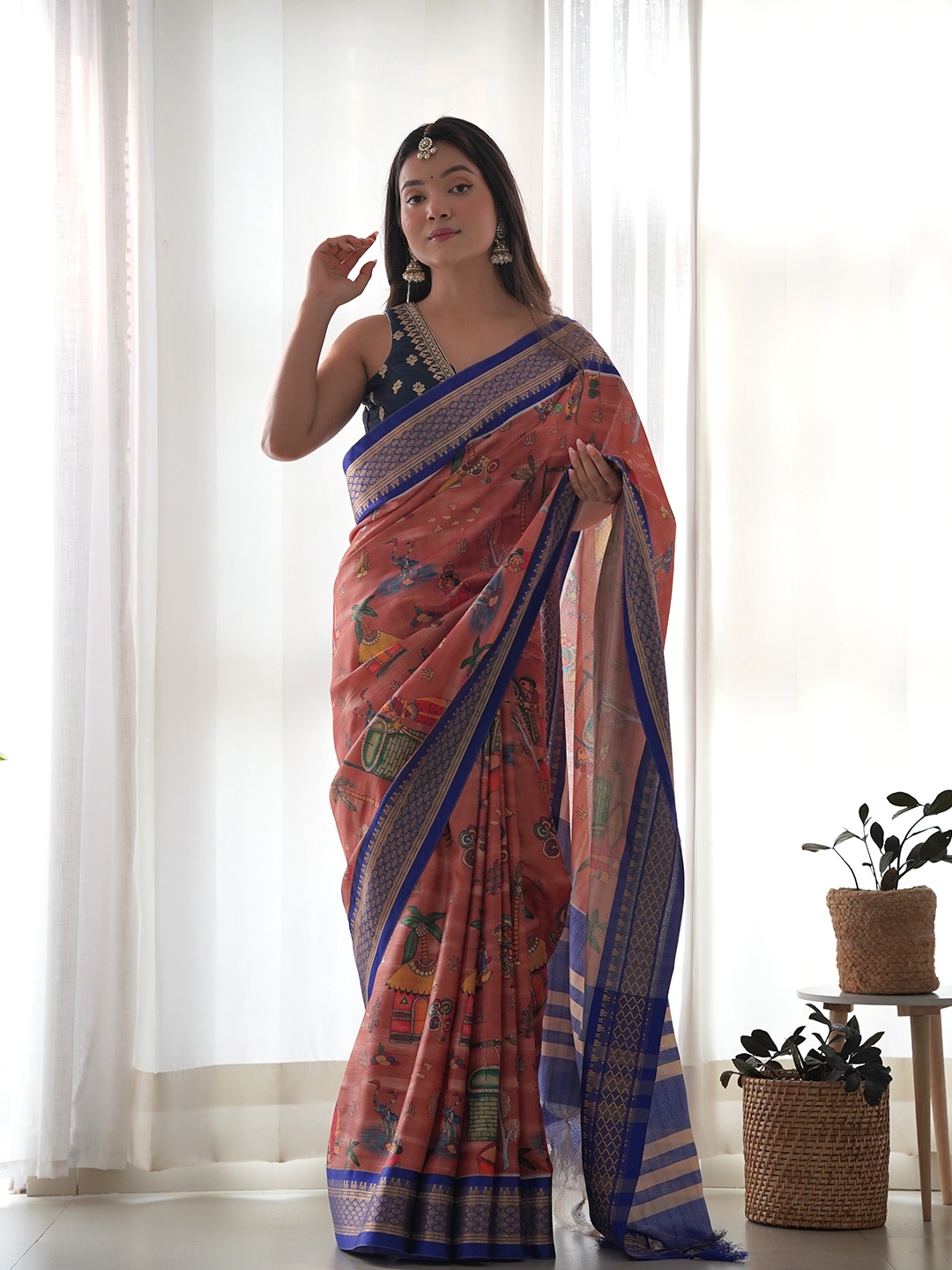 

Munir Kalamkari Zari Silk Blend Ikat Saree, Orange