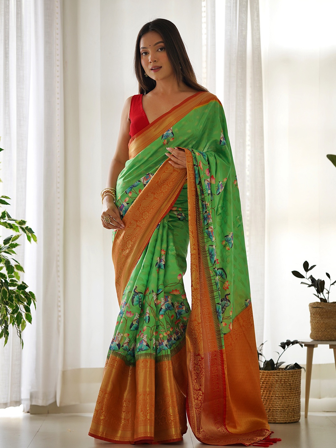 

Munir Kalamkari Zari Silk Blend Ikat Saree, Green