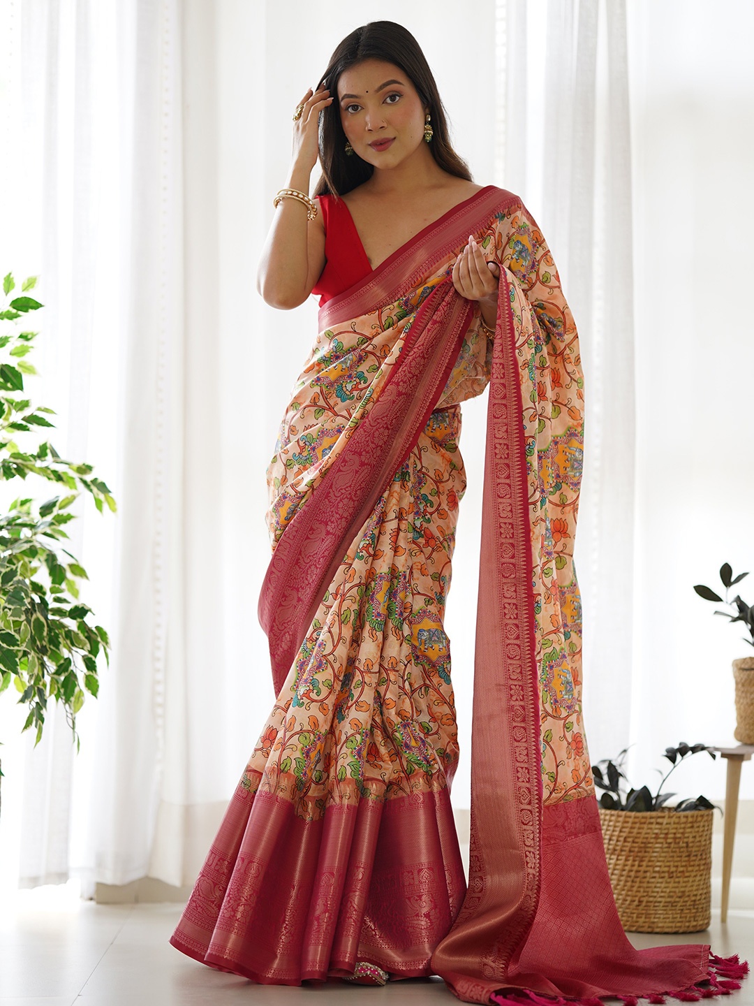 

Munir Kalamkari Woven Design Zari Saree, Peach