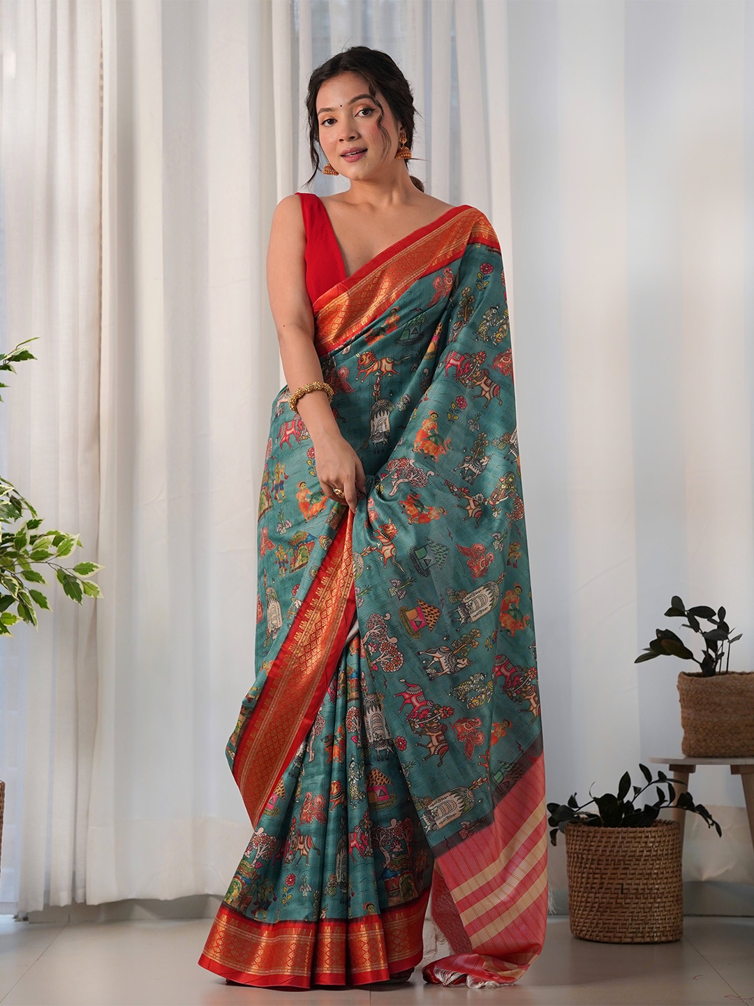 

Munir Kalamkari Woven Design Zari Saree, Blue
