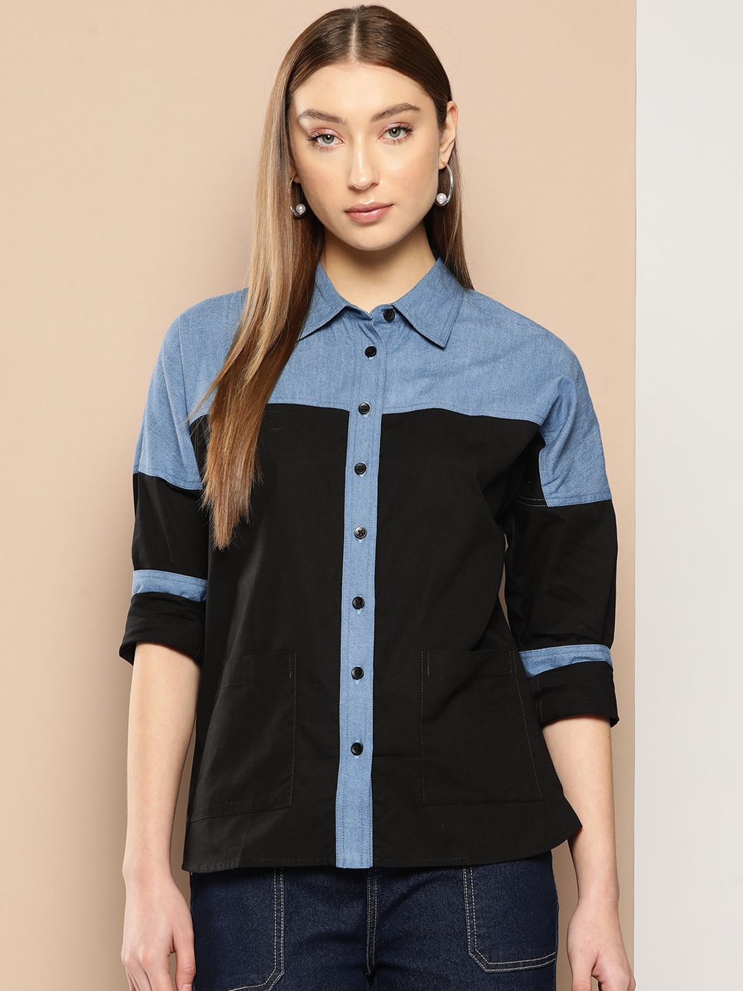 

Chemistry Women Premium Colourblocked Denim Casual Shirt, Blue