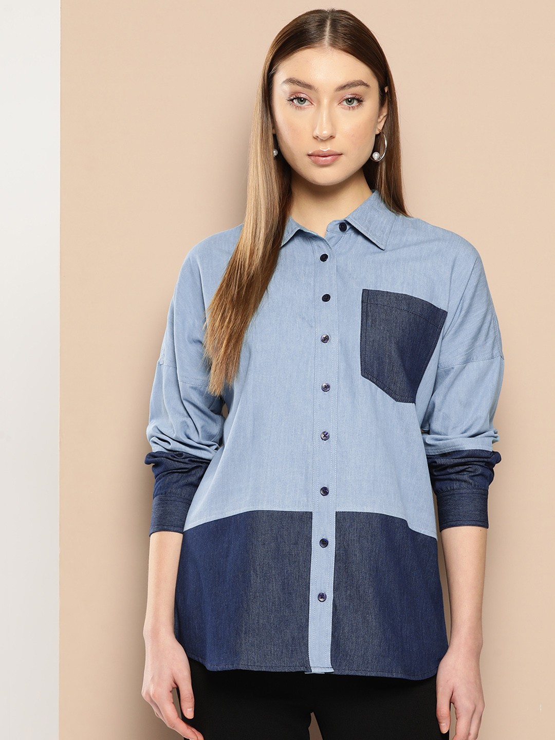 

Chemistry Women Premium Colourblocked Casual Shirt, Blue
