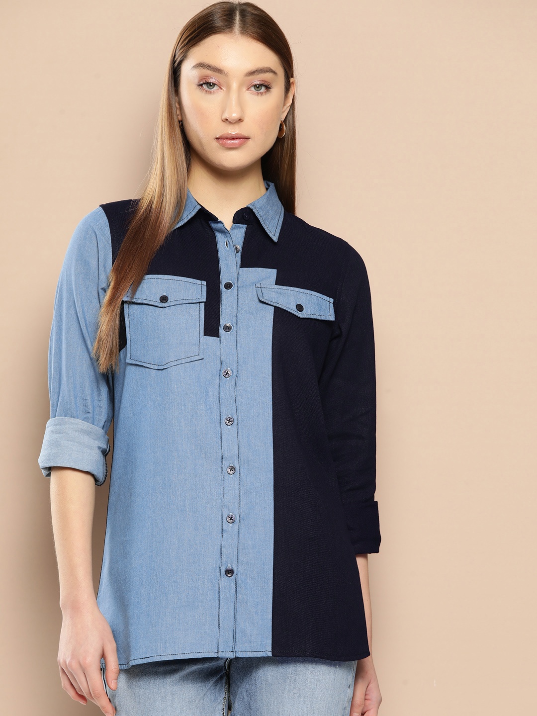 

Chemistry Women Premium Colourblocked Casual Shirt, Blue