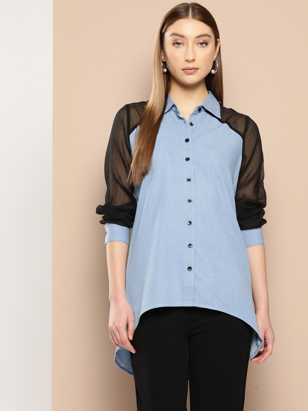 

Chemistry Women Premium Colourblocked Denim Casual Shirt, Blue