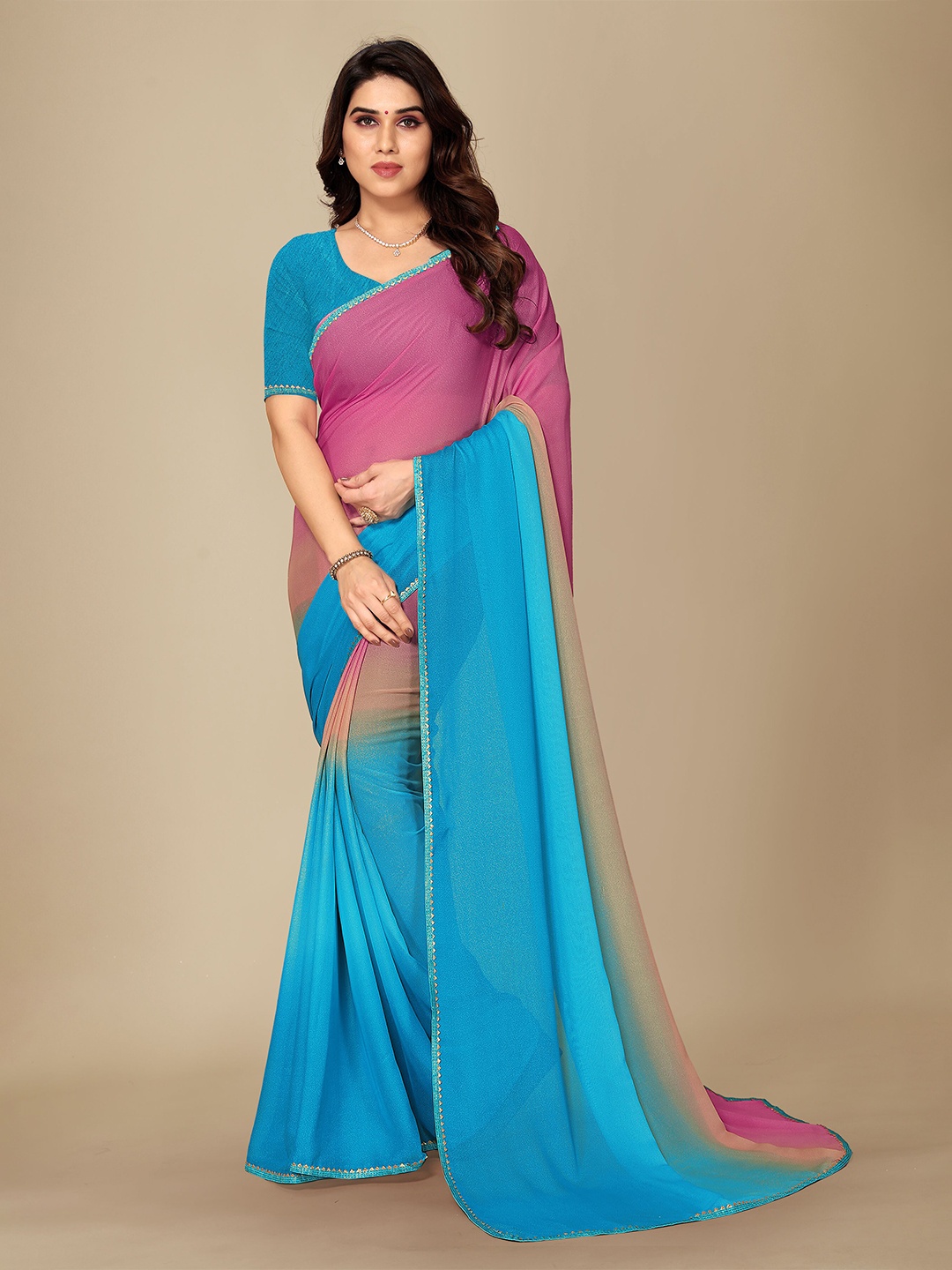 

KANOODA Ombre Printed Georgette Saree, Pink
