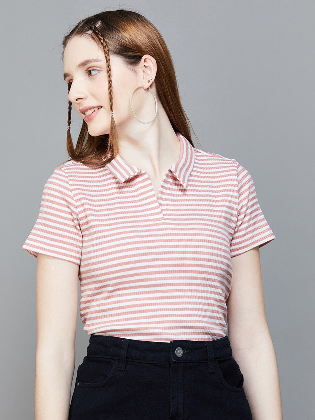 

Fame Forever by Lifestyle Horizontal Stripes Shirt Collar Shirt Style Top, Pink