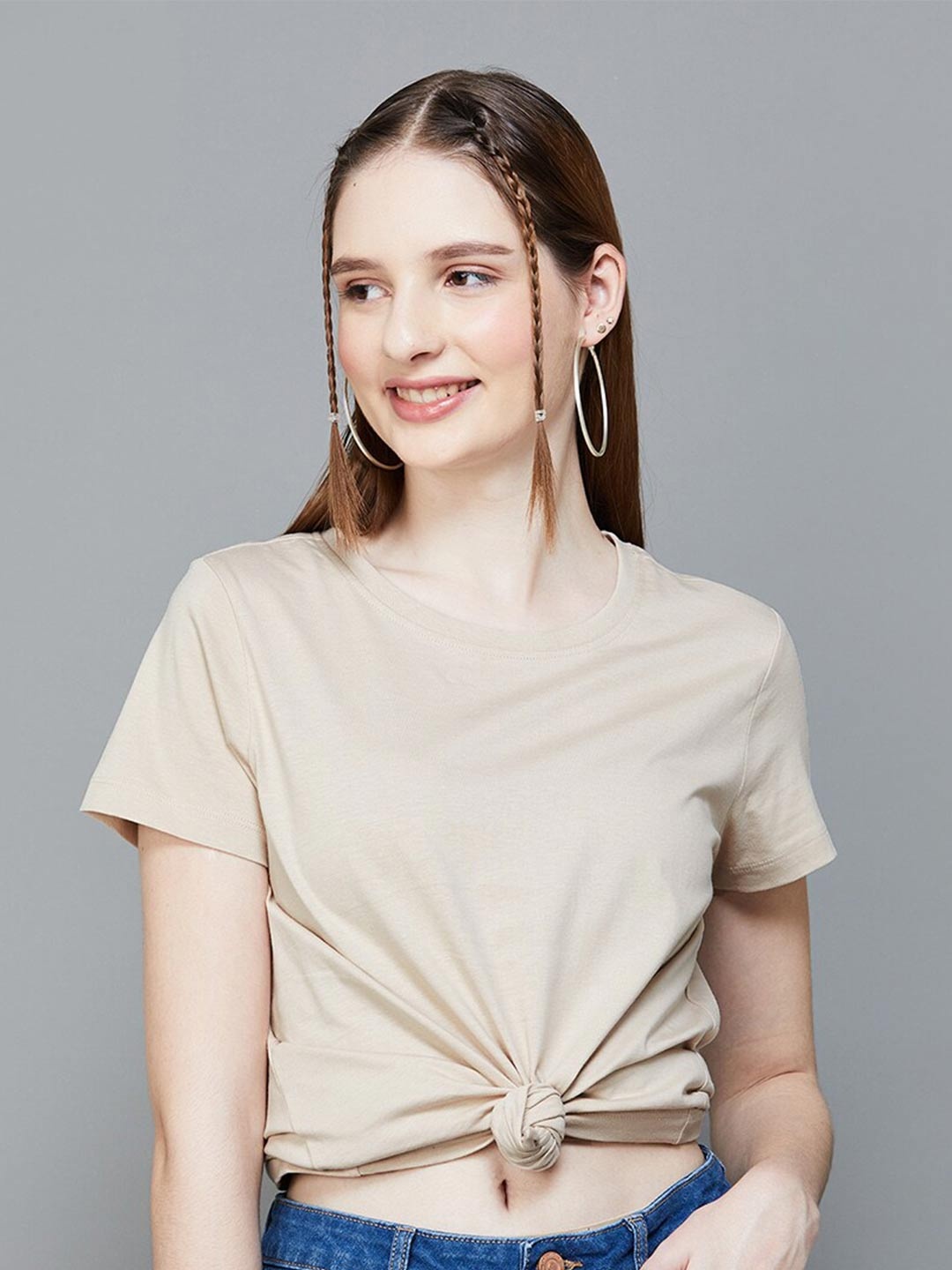 

Fame Forever by Lifestyle Round Neck Short Sleeves Cotton Top, Beige