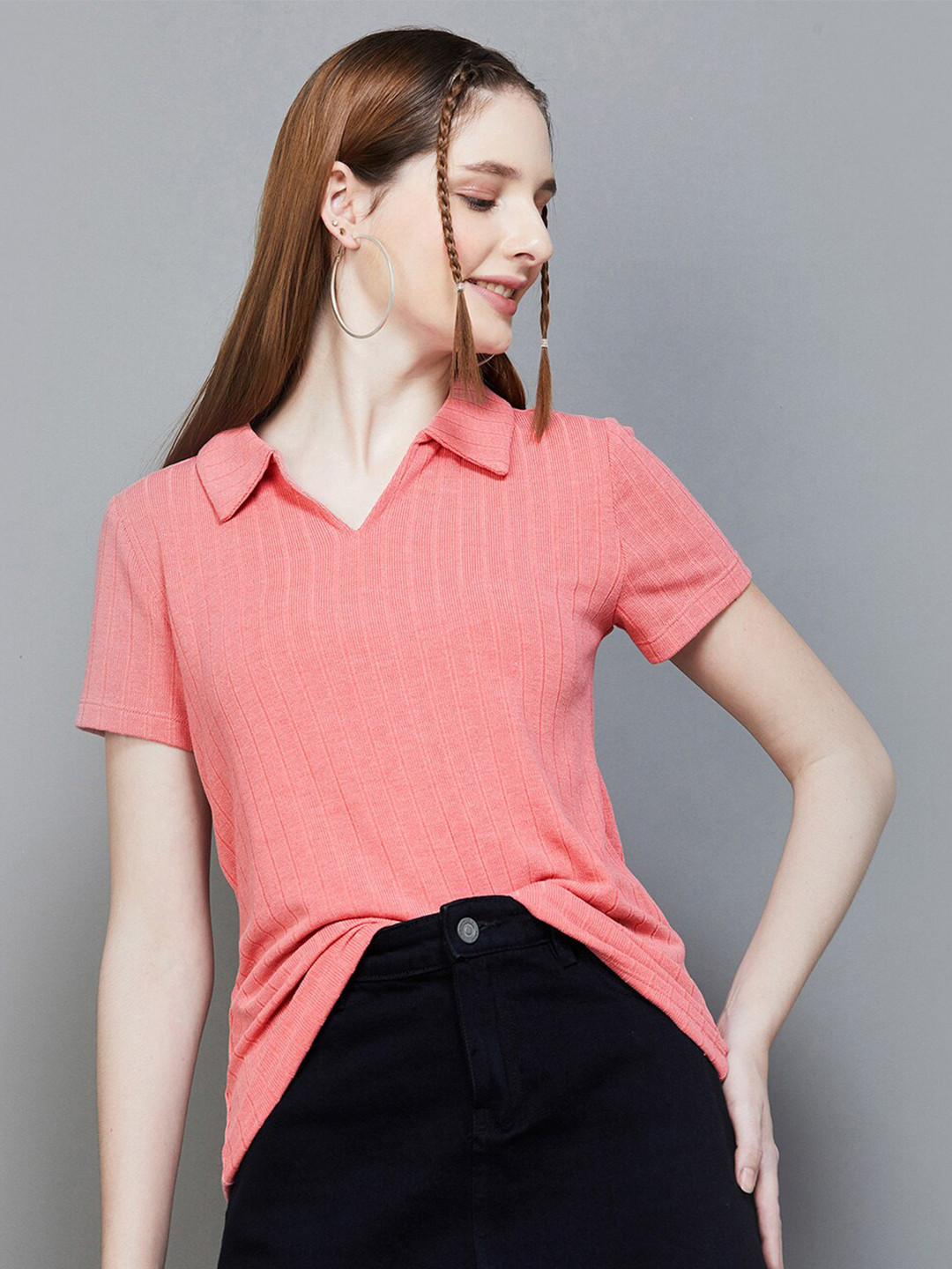

Fame Forever by Lifestyle Candy Stripes Shirt Collar Knitted Shirt Style Top, Coral