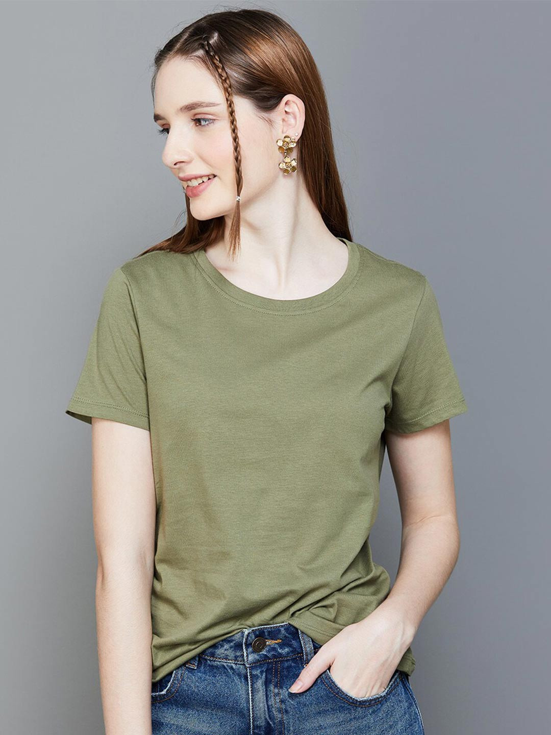 

Fame Forever by Lifestyle Round Neck Short Sleeves Cotton Top, Olive