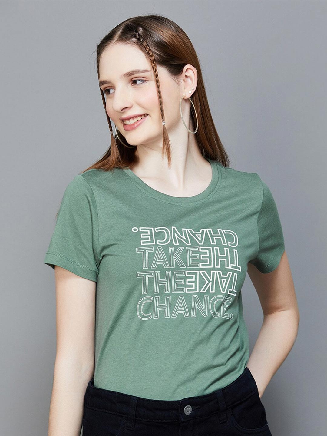 

Fame Forever by Lifestyle Print Round Neck Short Sleeves Cotton Top, Grey
