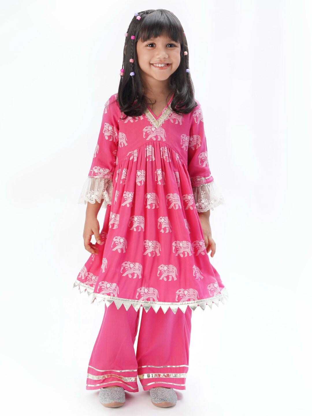 

LIL DRAMA Girls V-Neck Ethnic Motifs Printed Empire Kurta with Trousers, Pink