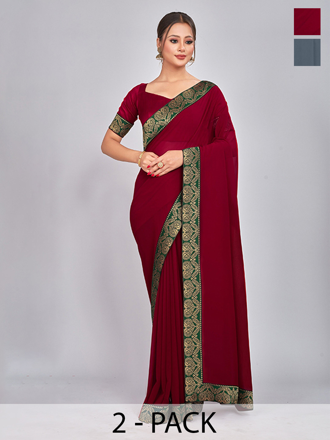 

CastilloFab Selection of 2 Zari Pure Georgette Saree, Grey