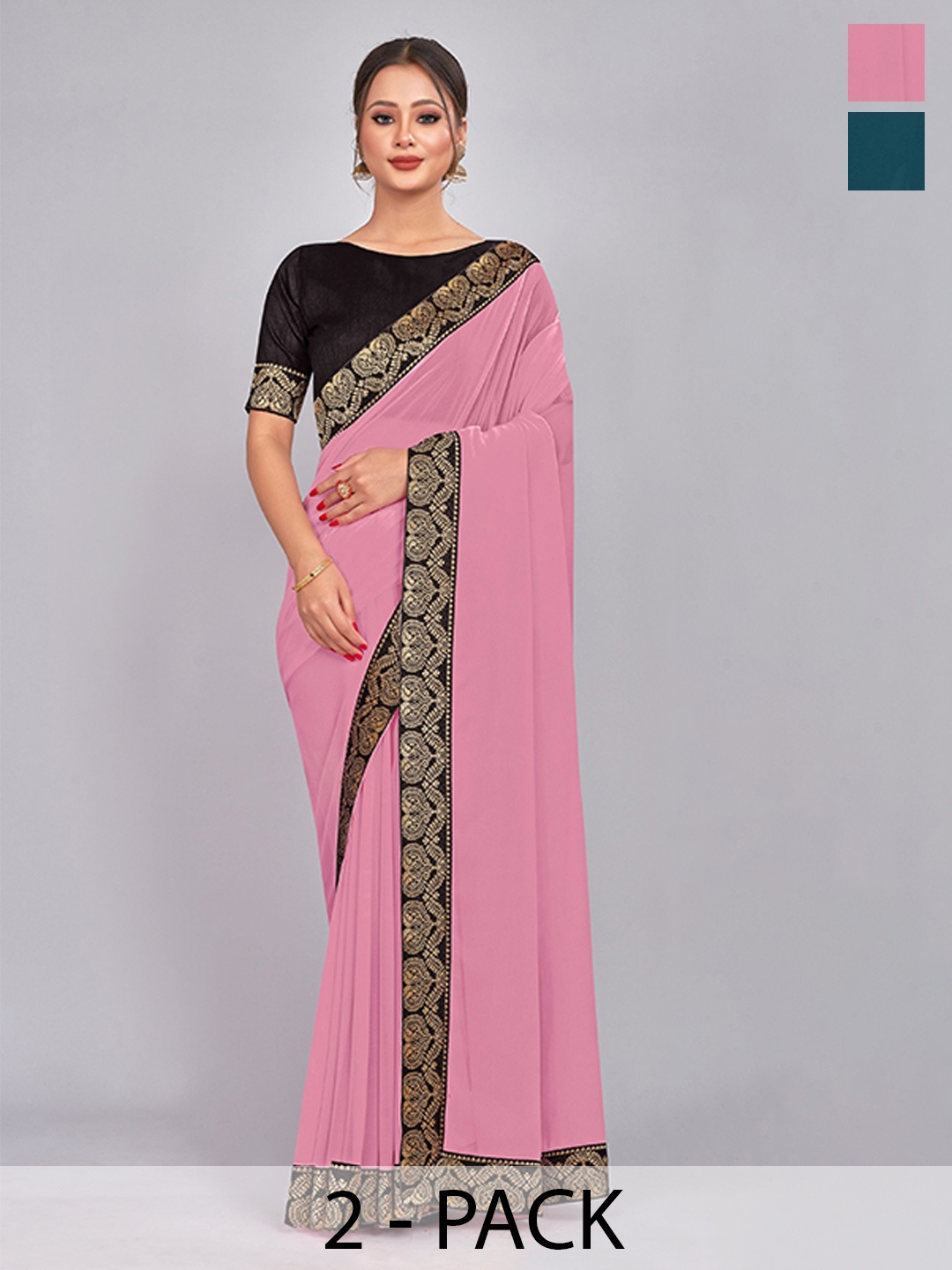 

CastilloFab Selection of 2 Zari Pure Georgette Saree, Pink