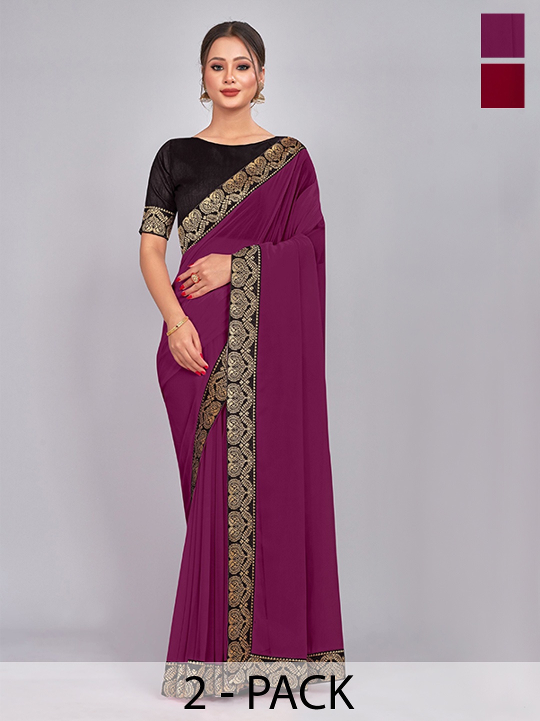 

CastilloFab Selection of 2 Zari Pure Georgette Saree, Burgundy