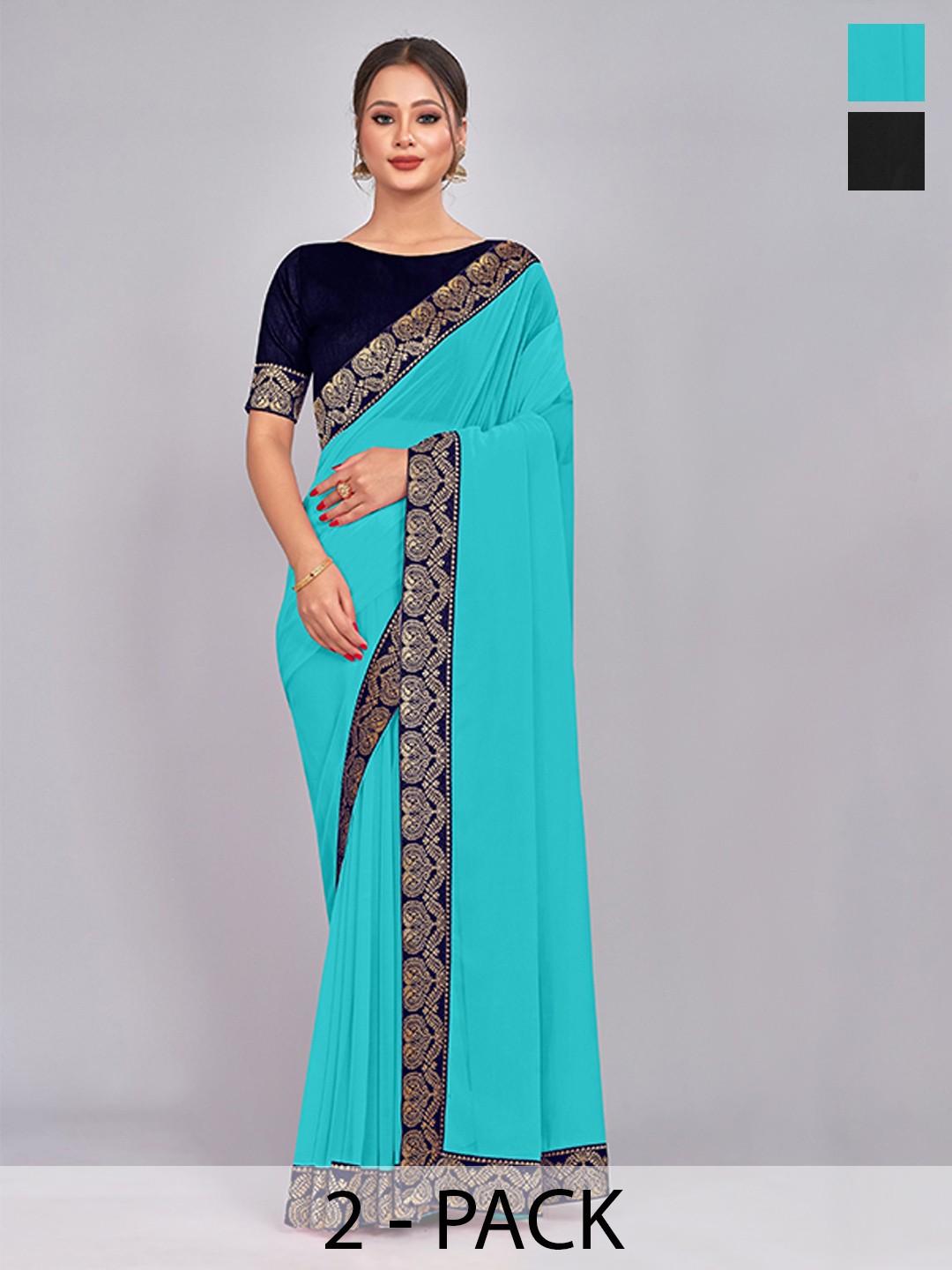 

CastilloFab Selection of 2 Zari Pure Georgette Saree, Turquoise blue